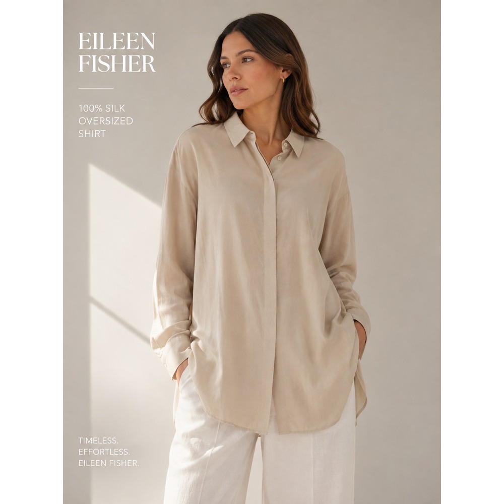 Eileen Fisher Womens Beige 100% Silk Long Sleeve Button Down Shirt M